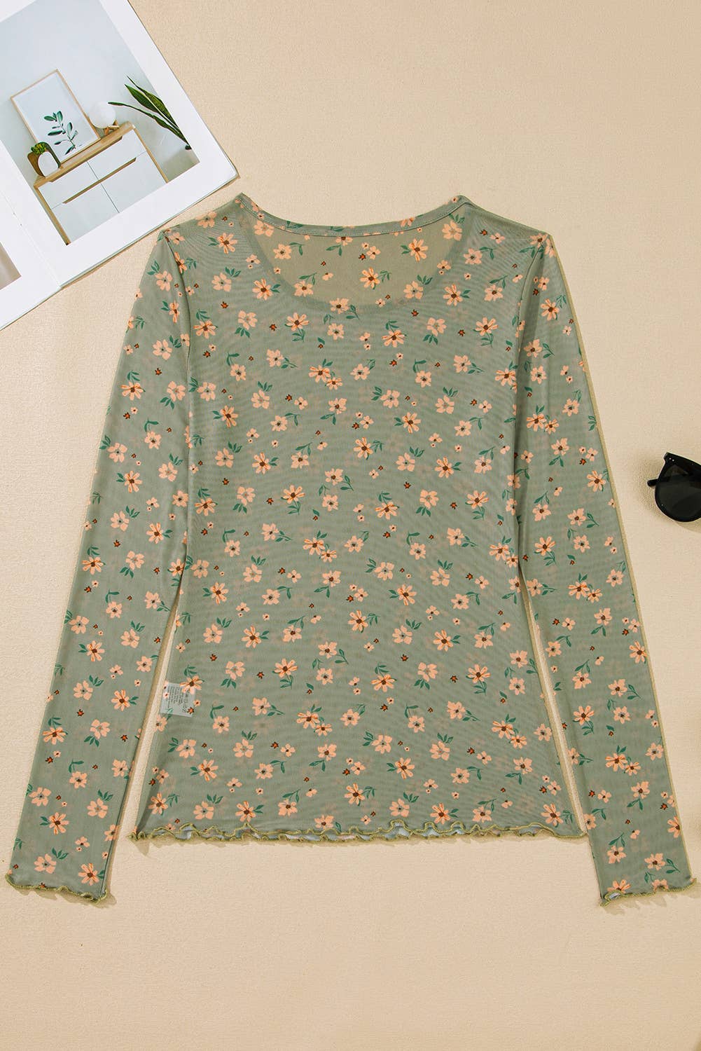 Montana Boho/Western Essentials: Vintage Floral Print Southern Style Mesh Long Sleeve Top
