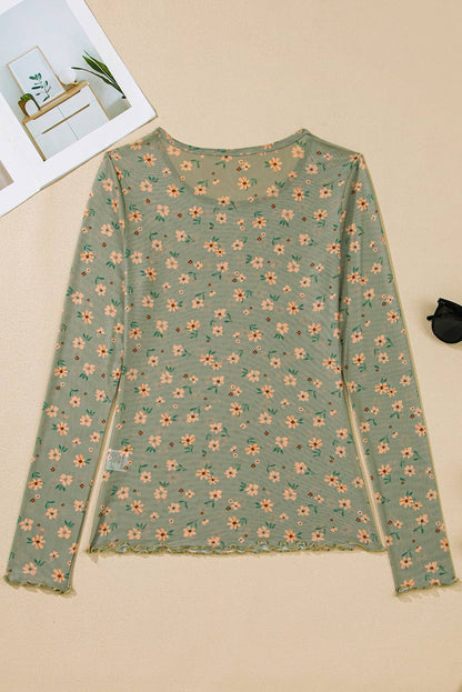 Montana Boho/Western Essentials: Vintage Floral Print Southern Style Mesh Long Sleeve Top