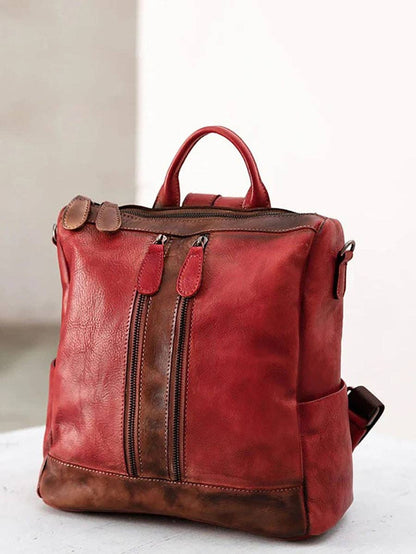 Casual Travel Color Matching Leather Backpack BROWN