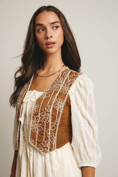 Boho & Free-People loving styles. Embroidered Tie-Front Vest