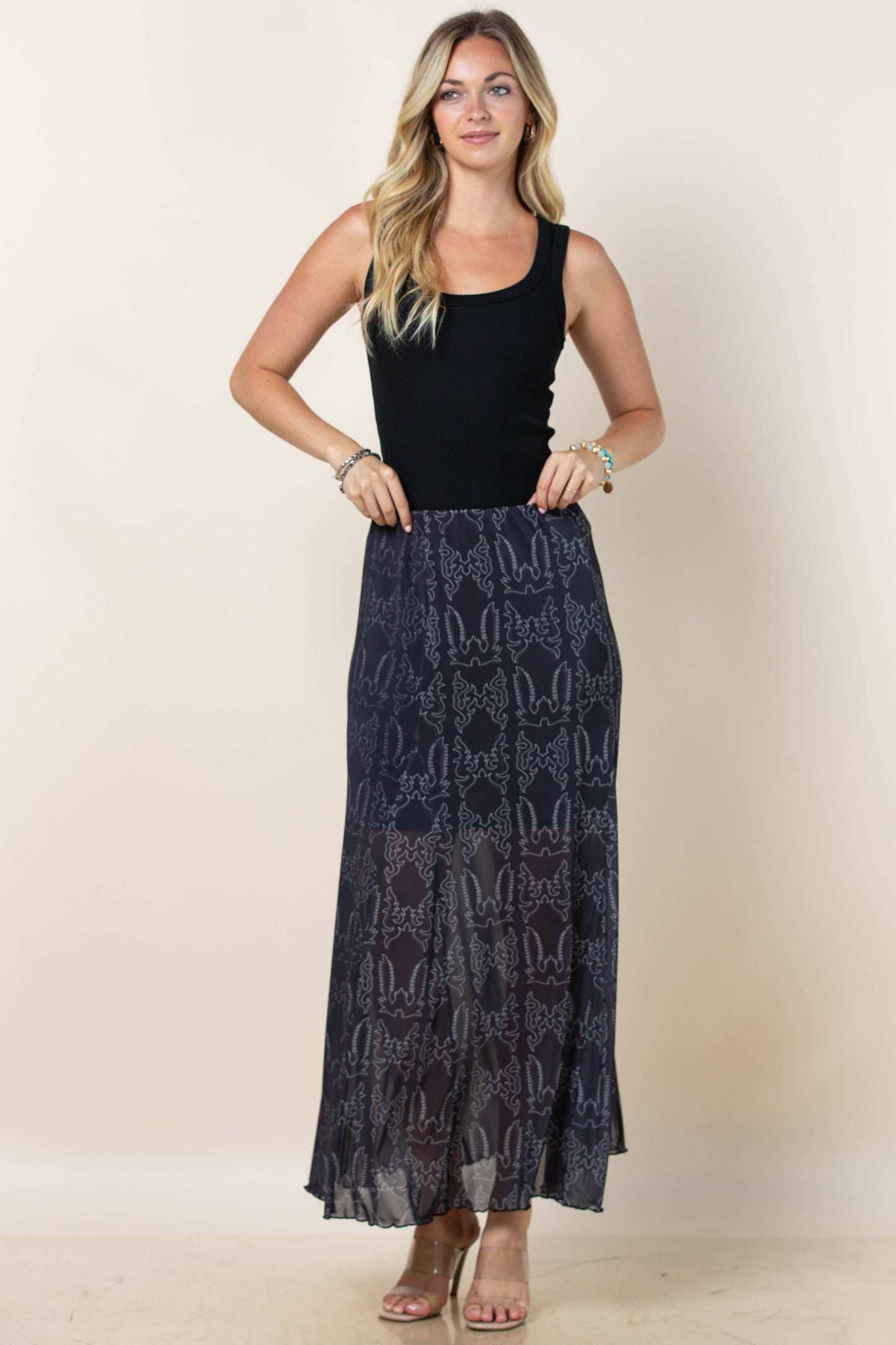 Montana Boho/Western Spirit Fashion:-REESE BOOTSTITCH PRINT A-LINE LINED MESH SKIRT