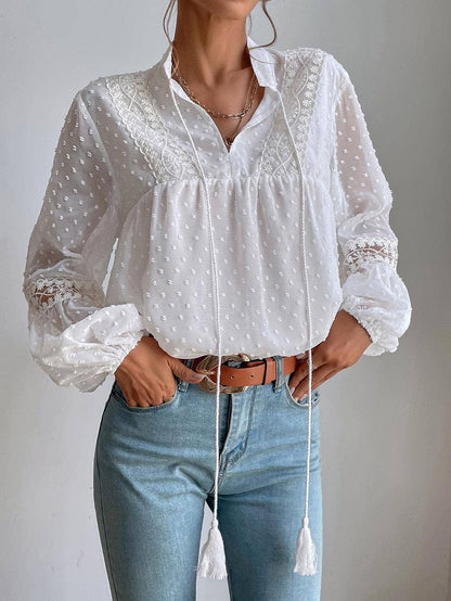 FREE SPIRIT DREAMER Series:Boho Polka Dot Sheer Lace Chiffon Blouse