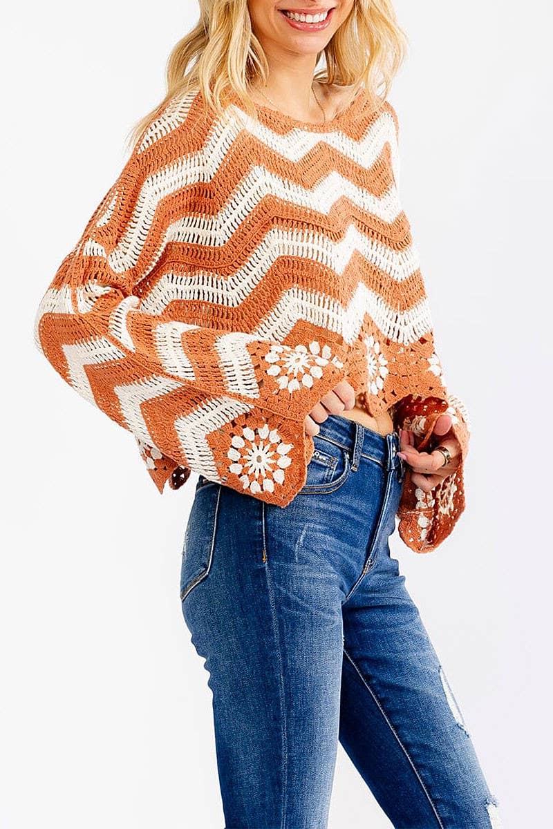 Montana Boho Western Spirit Fashion: LONG BELL SLEEVE COLORBLOCK CROCHET PULLOVER TOP (2)