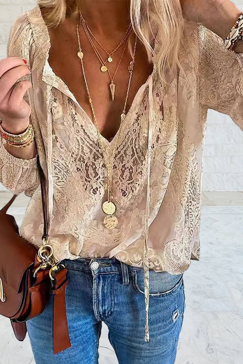 Lace Long Sleeve Tie V Neck Blouse Light Pink — Montana Boho