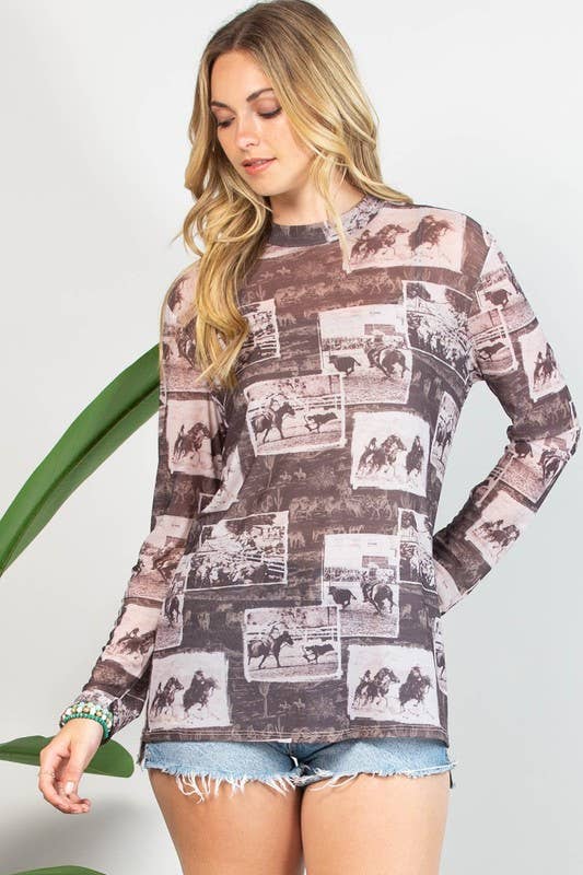 Montana Boho Western Spirit Fashion: WESTERN RODEO PRINT SEMI SHEER MESH TOP