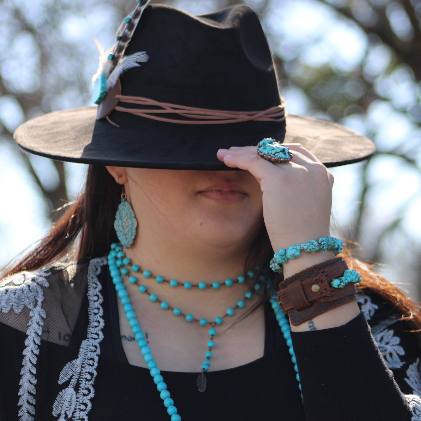 Double Strand Lariat Blue Turquoise Necklace w/ Copper Feather —Montana Boho Western Spirit Jewelry