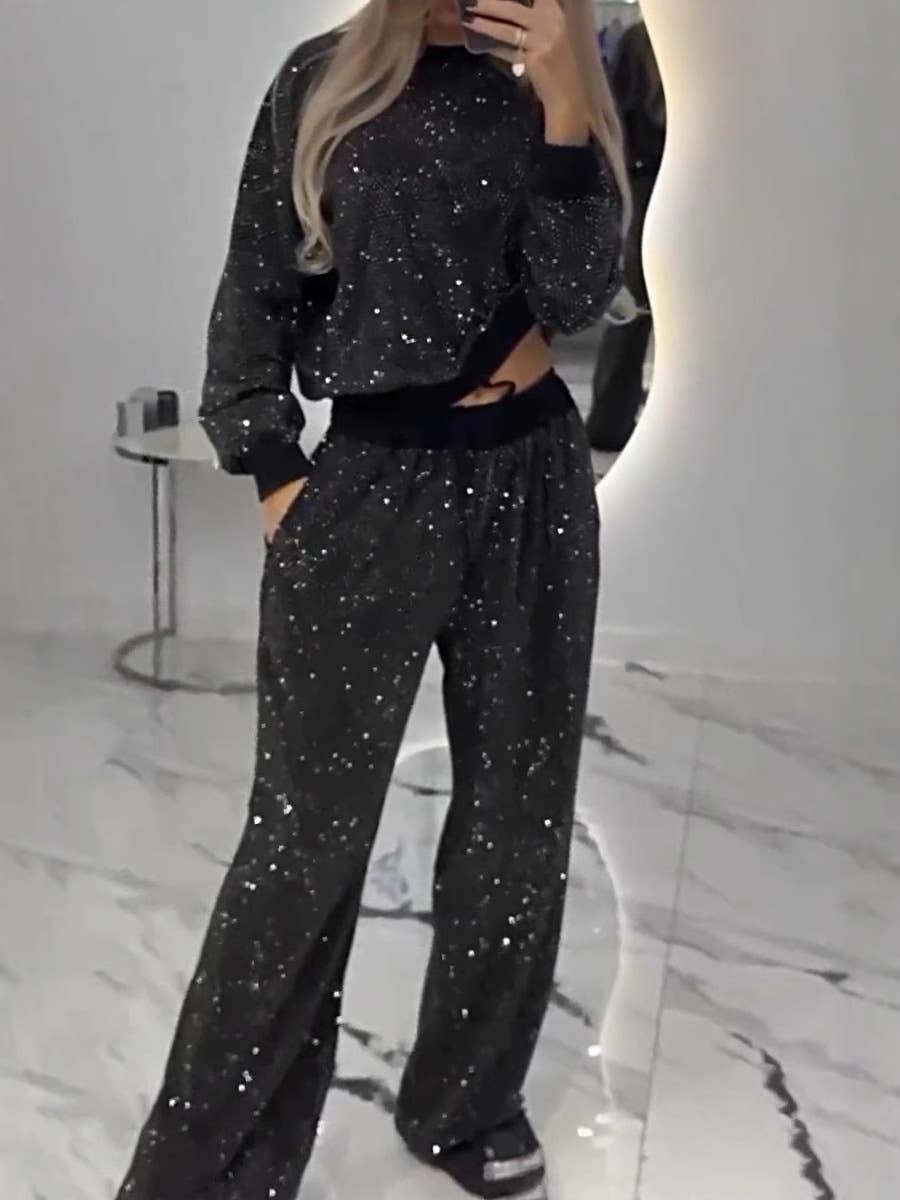 Show-Stopping Comfort: Sparkling sequin allover; wide-leg pant set