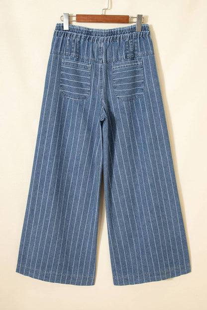 FREE SPIRIT DREAMER Series: Stripe Button Pleated Drawstring Waist Casual Wide Leg Jeans