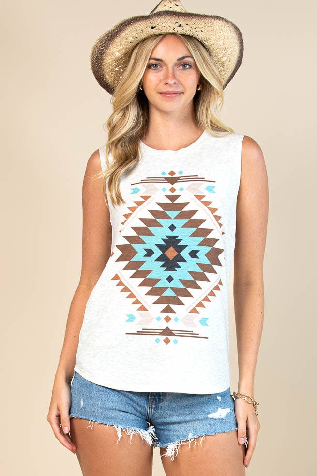 Montana Boho/Western Spirit Fashion: BARB AZTEC GRAPHIC SLEEVELESS TOP