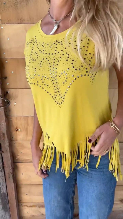 Western Studded Rustic Asymmetry Fringe Print Tee (Studded Boot-Print Design)