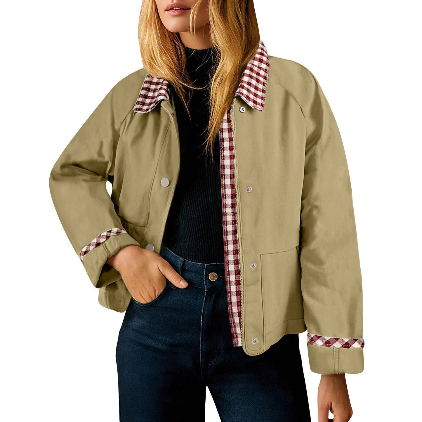 Vintage Patchwork Gingham Collar Trim Casual Jacket (A Forever Piece) Ligth Weight