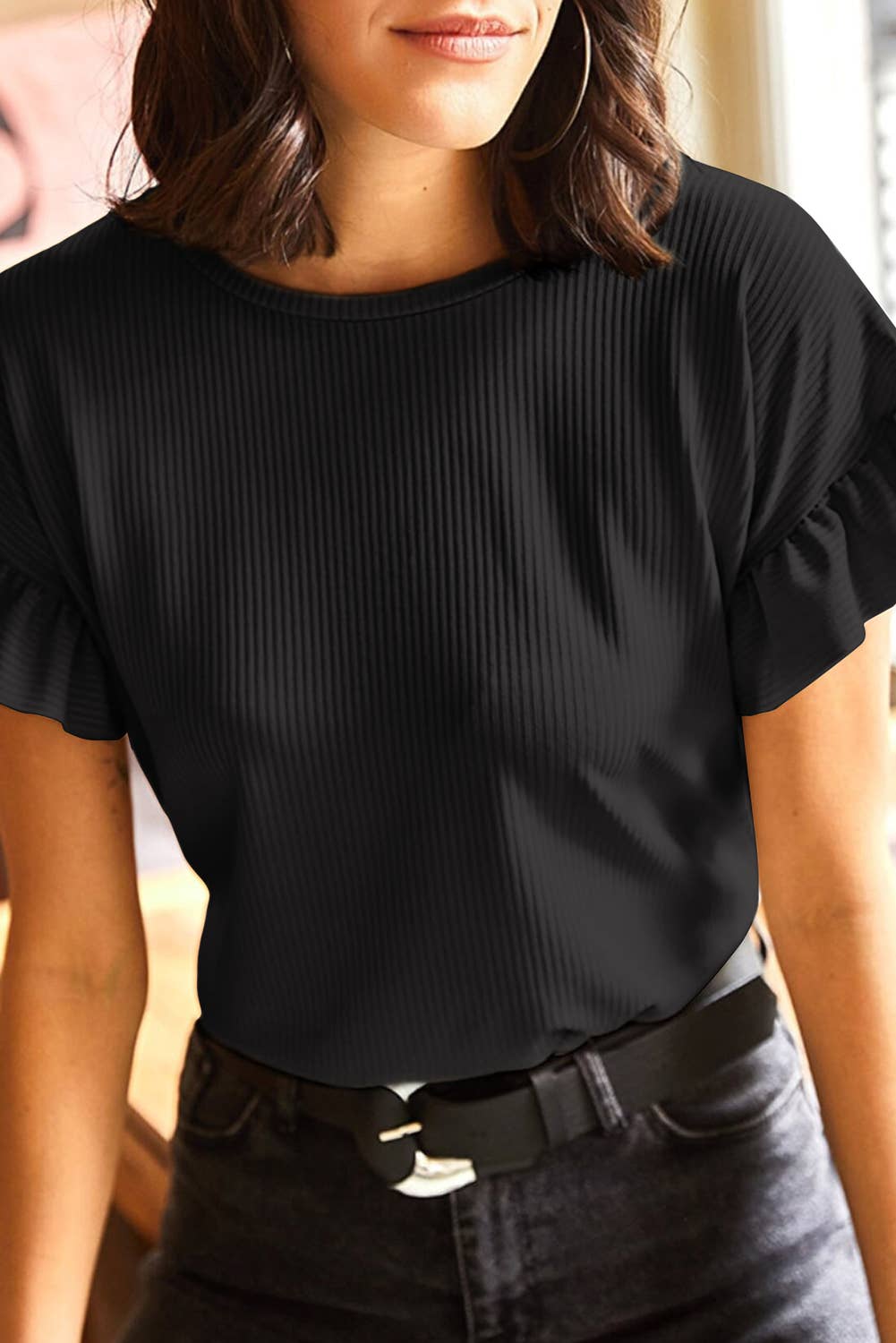 Casual Wanderer COMFY Series:Solid Color Ribbed Ruffled Short Sleeve T Shirt