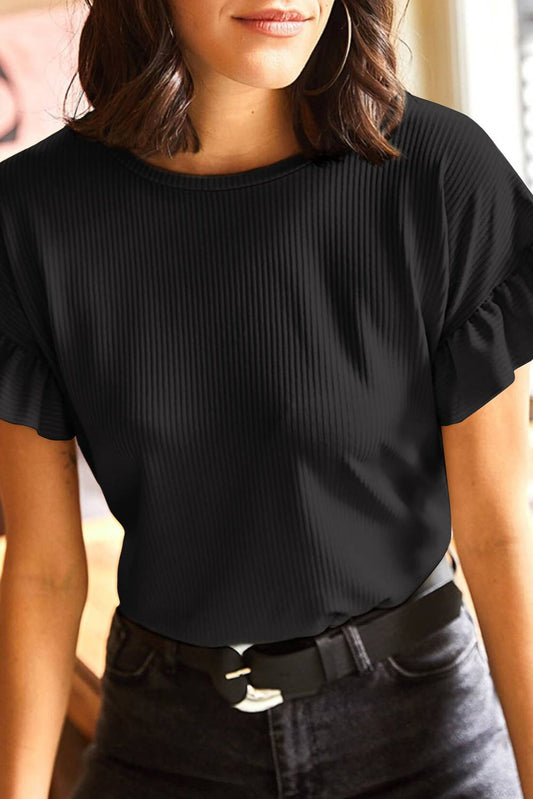 Casual Wanderer COMFY Series:Solid Color Ribbed Ruffled Short Sleeve T Shirt