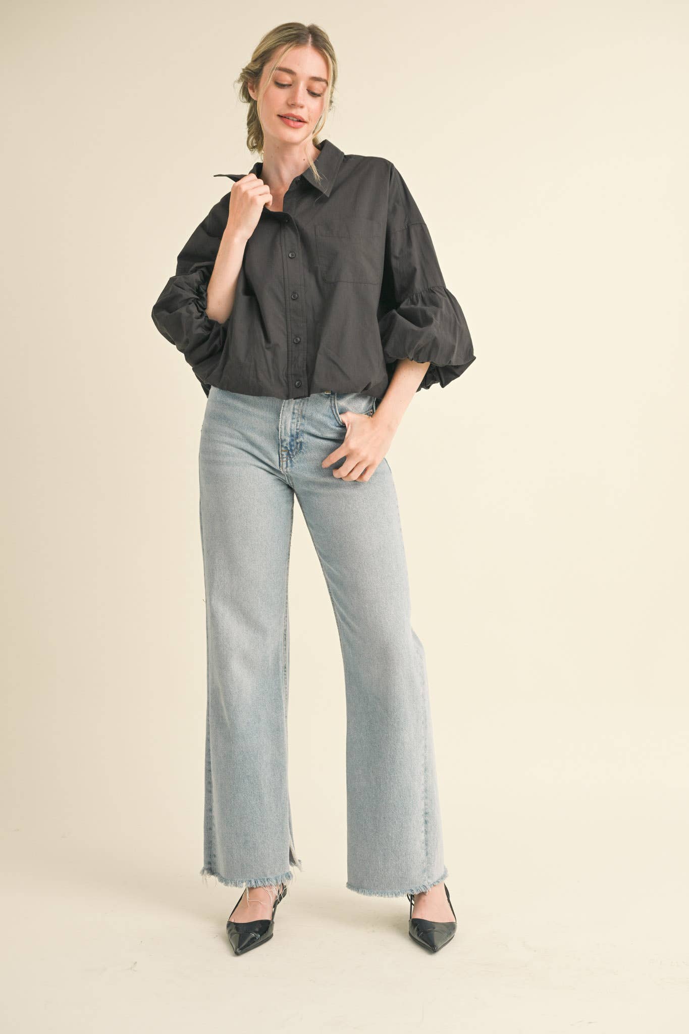 BUTTON DOWN BUBBLE SLEEVE TOP: FREE SPIRIT DREAMER Series: Boho &amp; Free-People loving styles.