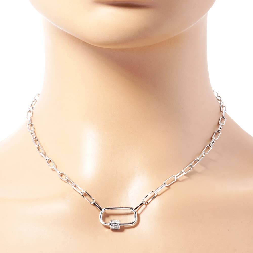 Gold Dipped CZ Carabiner Pendant Paperclip Chain Necklace
