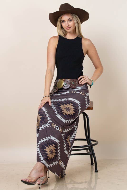 Montana Boho Western Spirit Fashion:  AZTEC PRINT A-LINE KNIT FULL SKIRT