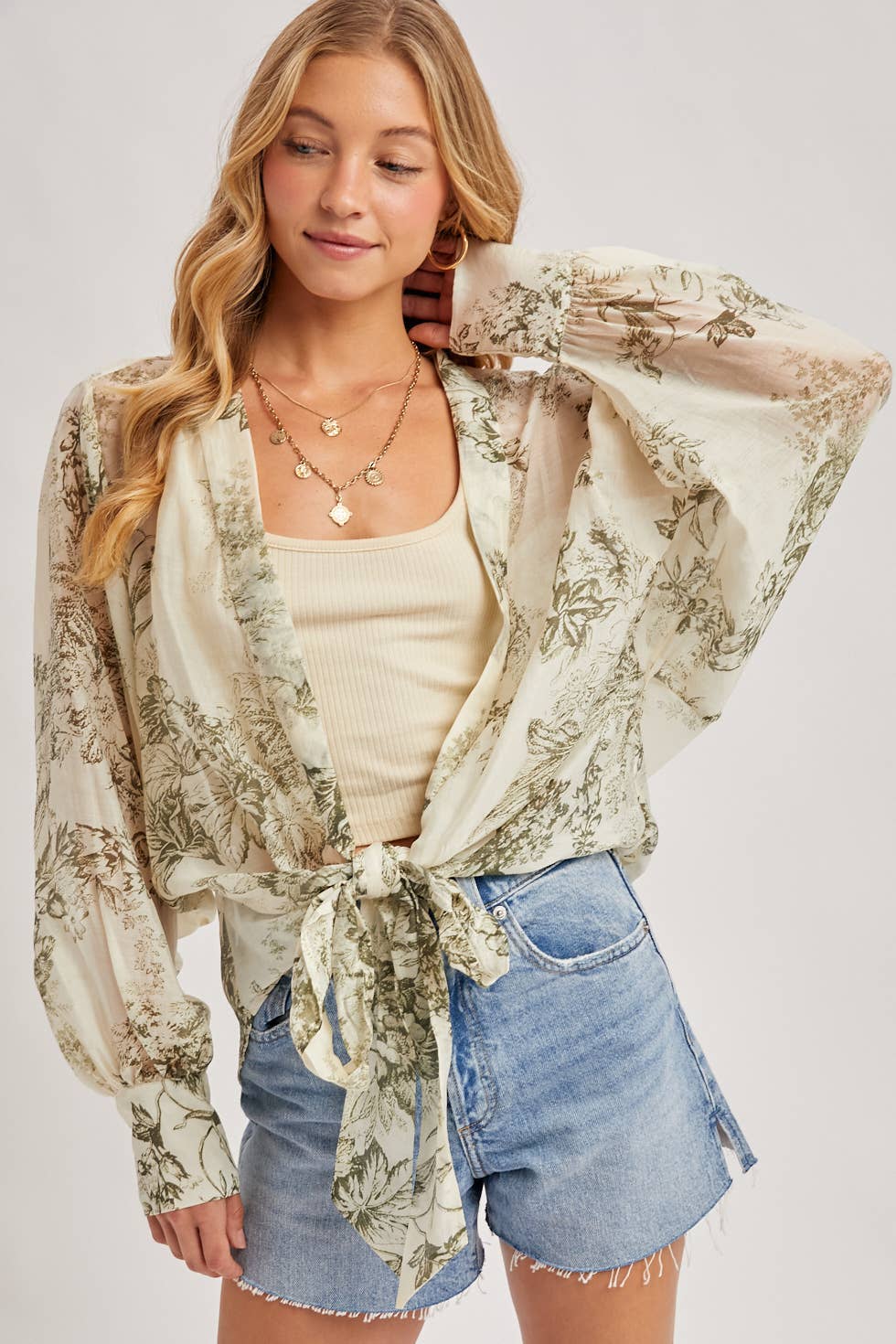 FREE SPIRIT DREAMER Series: BOTANICAL PRINT TIED FRONT BALLOON SLEEVED KIMONO