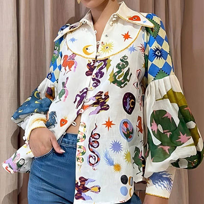 FREE SPIRIT DREAMER Series: Loose Casual Cartoon Printed Lapel Long Sleeve Shirt