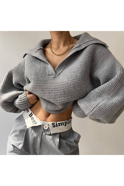 Cozy Ribbed V-Neck Sweater (Creme & Pink)