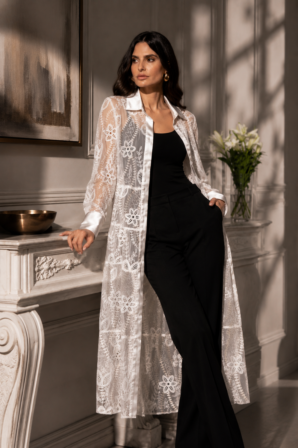 Embroidered Lace Button-Front Duster