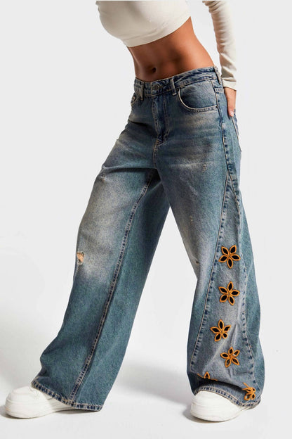 Floral cutout Embroidered Distressed jeans: FREE SPIRIT DREAMER Series: Boho & Free-People loving styles.