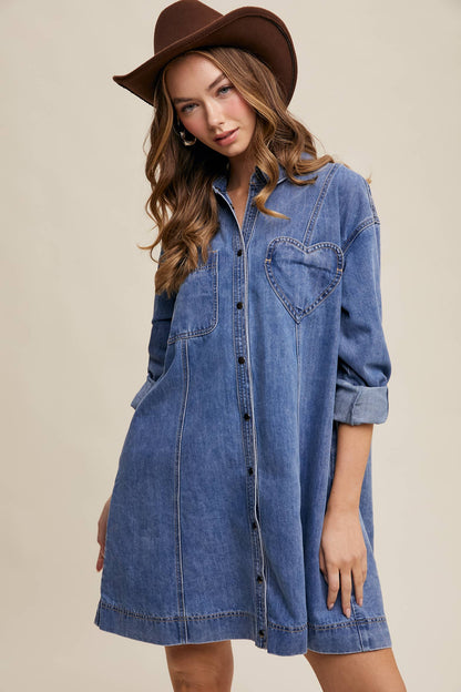 Denim Heart-Pocket Shirt Dress—Montana Boho Western Spirit Fashion: