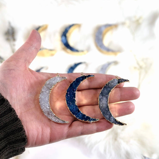 Druzy Moon Pendants with Electroplated 24k Gold/Silver Edge