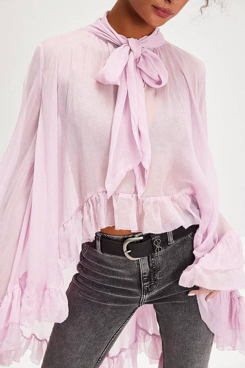 Tie-Neck Sheer Blouse with Ruffled Details