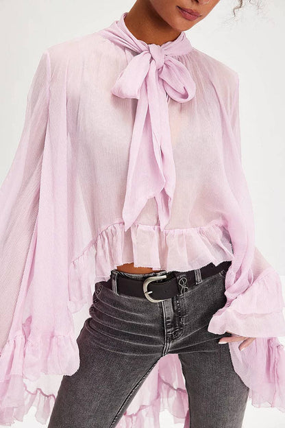 Tie-Neck Sheer Blouse with Ruffled Details