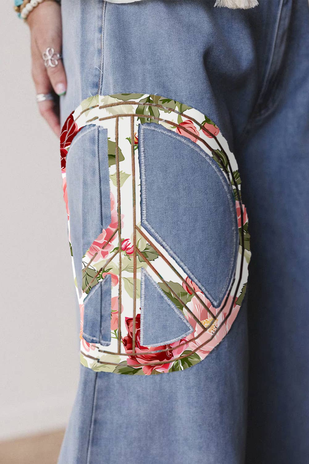 Floral Peace Sign Embroidered Patch Wide Leg Jeans: FREE SPIRIT DREAMER Series: Boho & Free-People loving styles.  