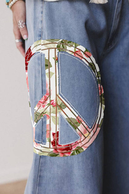 Floral Peace Sign Embroidered Patch Wide Leg Jeans: FREE SPIRIT DREAMER Series: Boho & Free-People loving styles.  