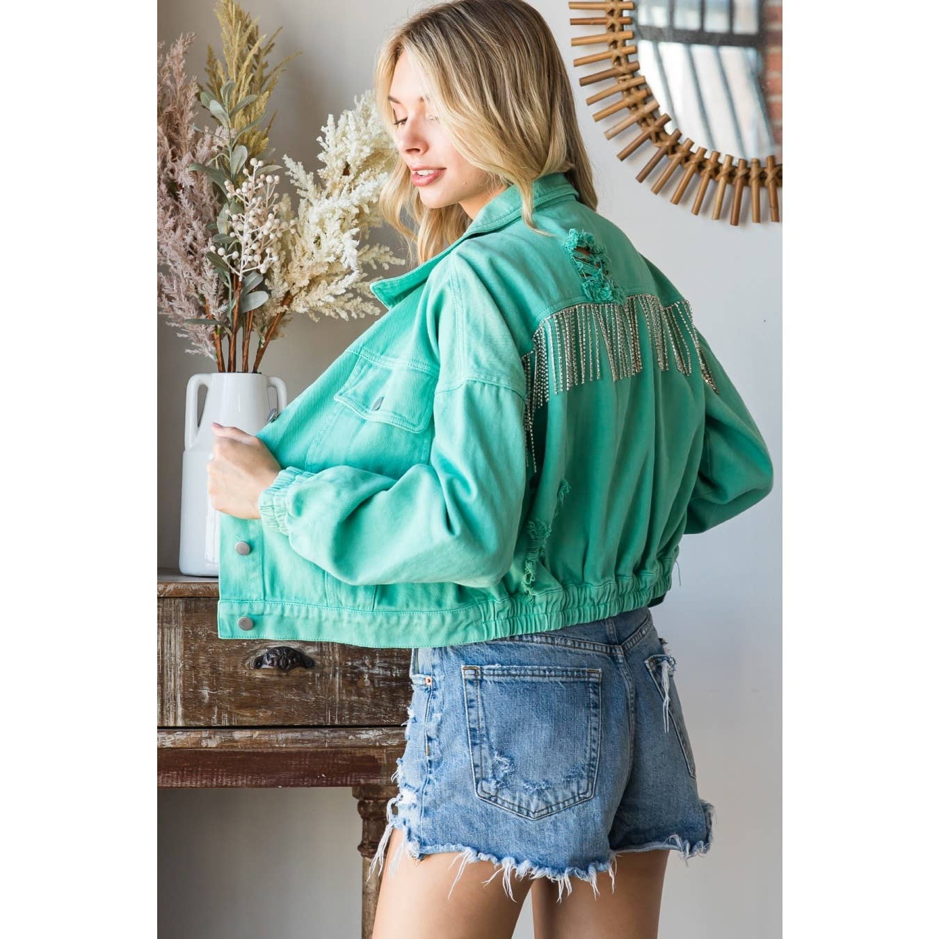 Rhinestone Fringed Back Color Denim Jacket (Turquoise)