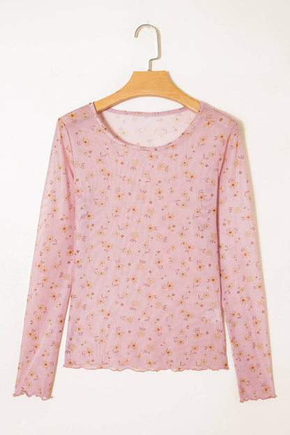 Montana Boho/Western Essentials: Vintage Floral Print Southern Style Mesh Long Sleeve Top