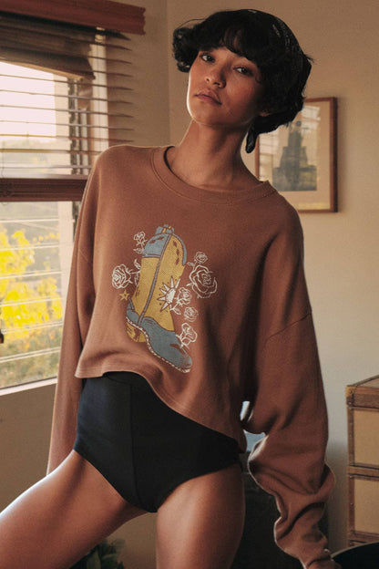 Montana BOHO: Cowboy Boot and Roses Cropped Thermal Graphic Top