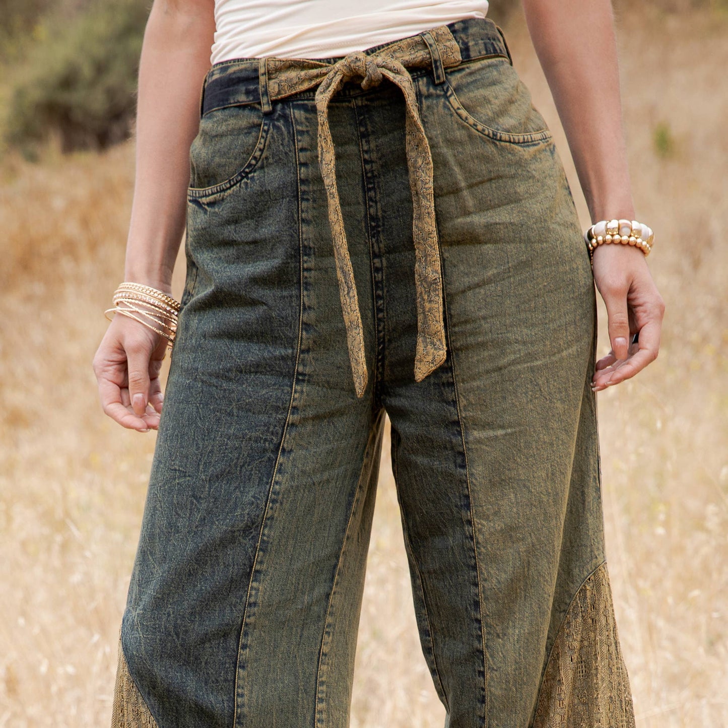 Montana Boho Mixed-Media Lace Hem Tie-Waist Flare Pants