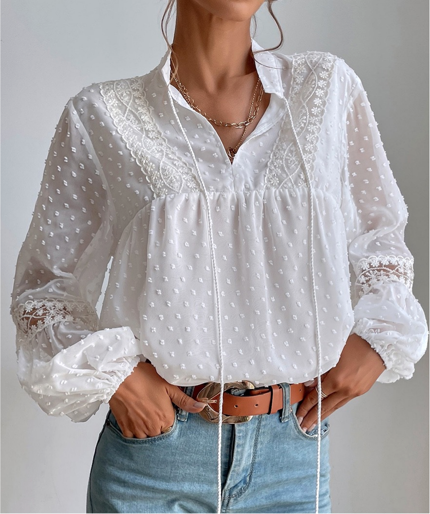 FREE SPIRIT DREAMER Series:Boho Polka Dot Sheer Lace Chiffon Blouse
