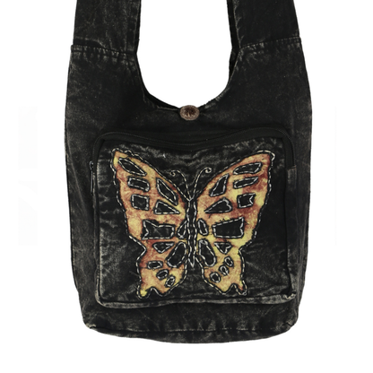 FREE SPIRIT DREAMER Series: Convertible Black Crossbody Backpack with Yellow Butterfly