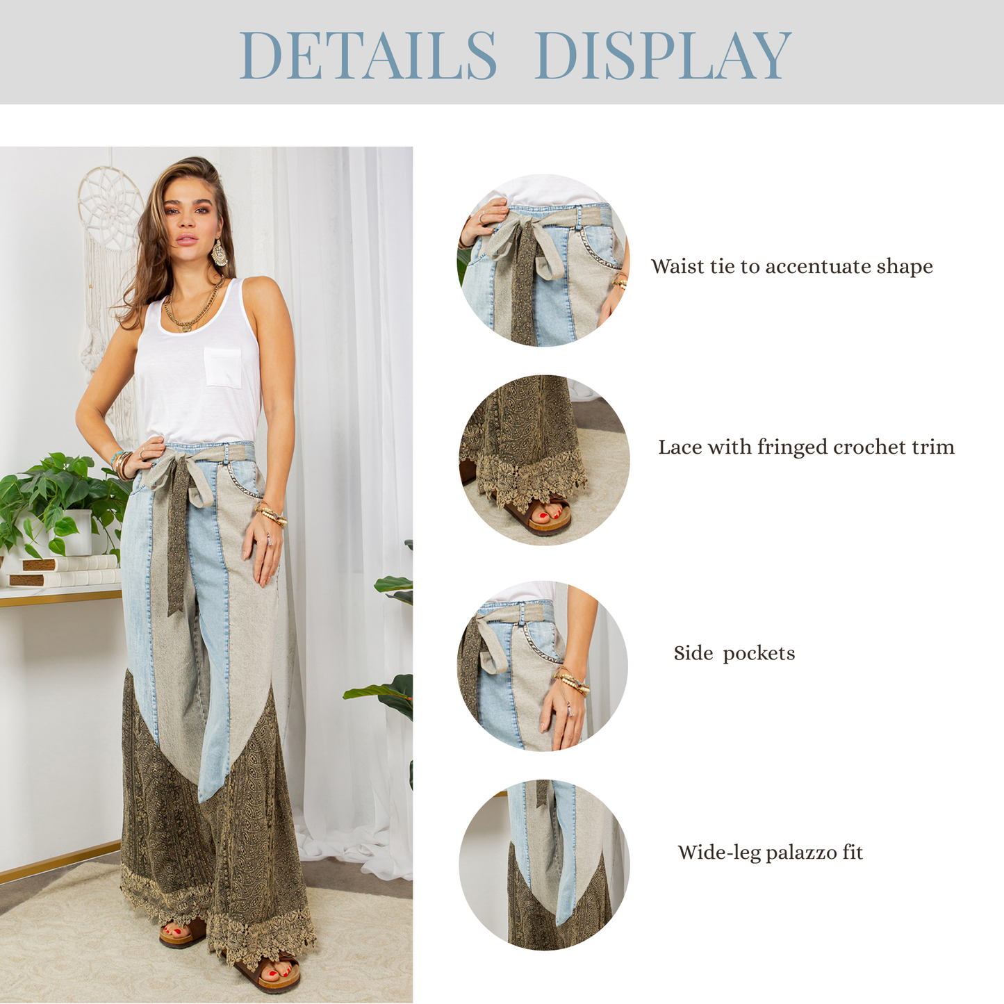 Montana Boho Mixed-Media Lace Hem Tie-Waist Flare Pants