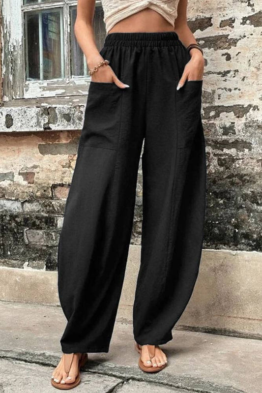 Casual Wanderer COMFY Series: Plain Elastic Waist Pockets Wide Leg Pants