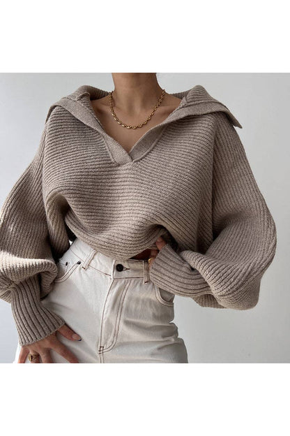 Cozy Ribbed V-Neck Sweater (Creme & Pink)