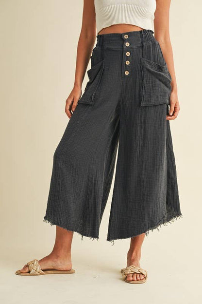 Mineral Washed Fray Hem Linen Cotton Wide Pants