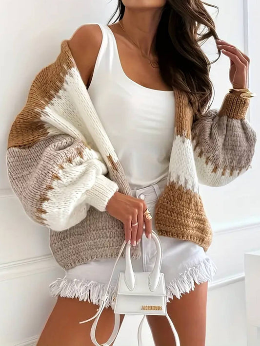 Colorblock Knit Cardigan Cozy Long Sleeve Open Jacket