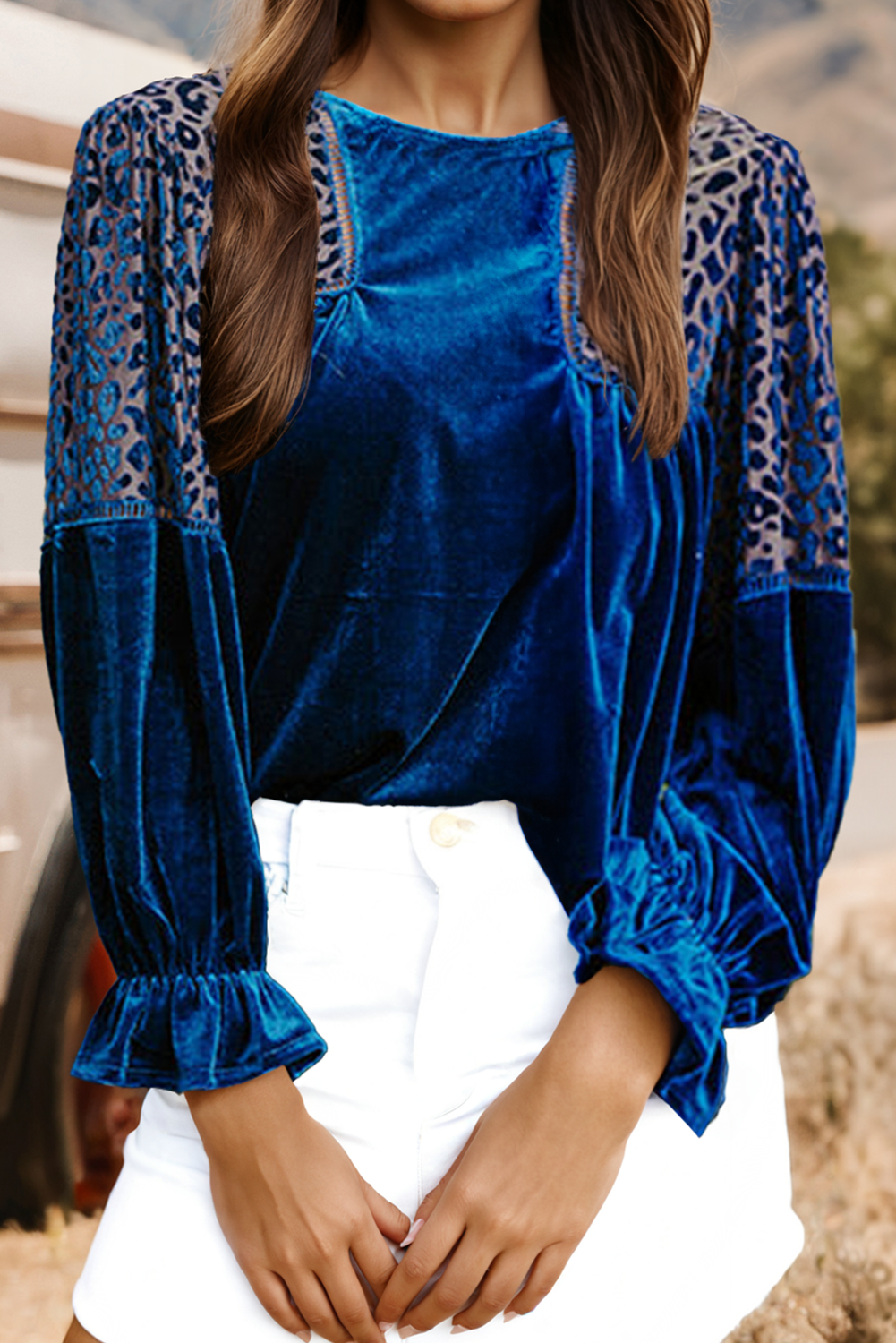 FREE SPIRIT DREAMER Series: Leopard Patchwork Shoulder Flounce Sleeve Velvet Blouse
