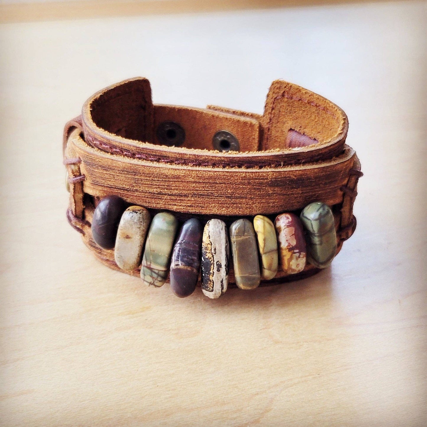 Genuine Leather Cuff with Picasso Jasper Gemstone Chunks —Montana Boho Western Spirit Jewelry: