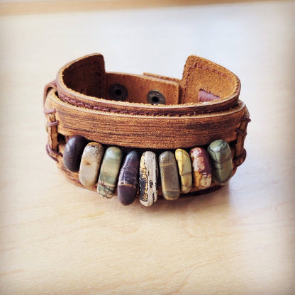Genuine Leather Cuff with Picasso Jasper Gemstone Chunks —Montana Boho Western Spirit Jewelry: