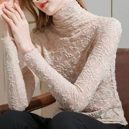 Montana Boho/Western Essentials: Sheer Mesh Floral Textured Lace Turtleneck Top
