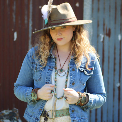 Leather Cord Necklace Antique Gold Hoop & Natural Turquoise—Montana Boho Western Spirit Jewelry