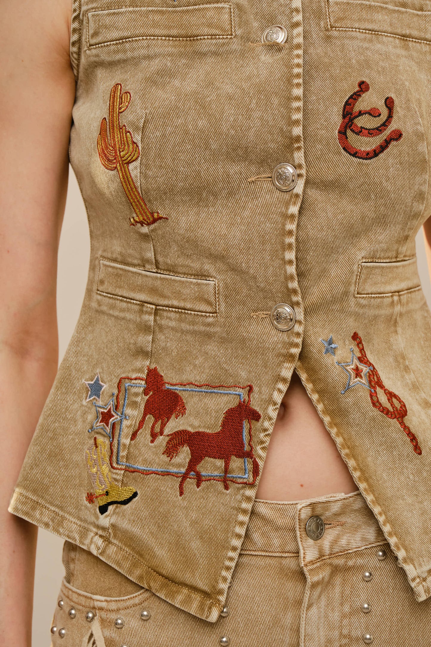 Simply Irresistible, Be the showstopper: Motif Embroidery Fitted Denim Vest