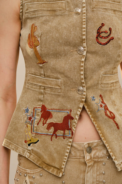 Simply Irresistible, Be the showstopper: Motif Embroidery Fitted Denim Vest
