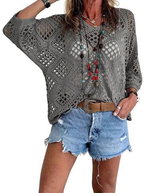 Bohemian Hollow Batwing Sleeve Crochet Poncho Top